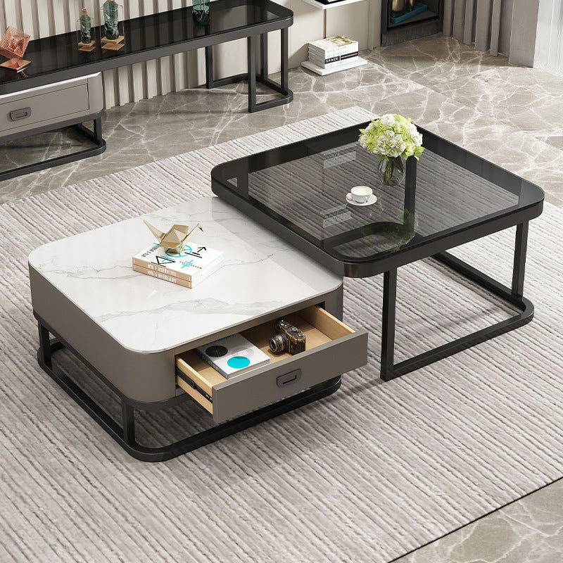 Modern Minimalist Square Rock Slab Glass Metal Combination Coffee Table ...
