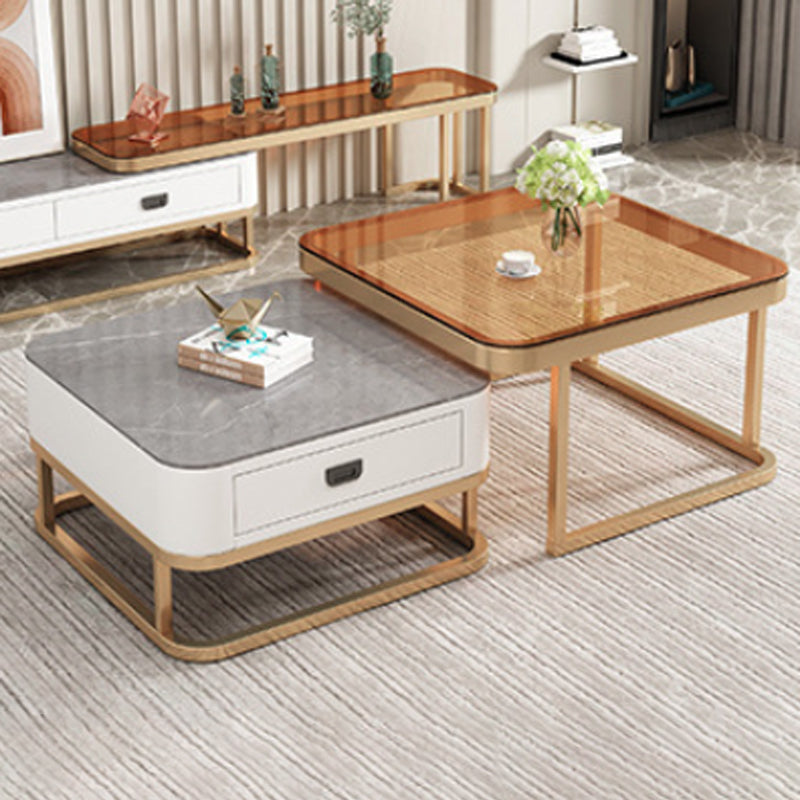 Modern Minimalist Square Rock Slab Glass Metal Combination Coffee Table ...