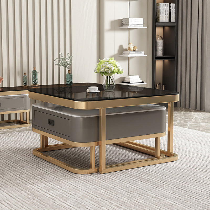 Modern Minimalist Square Rock Slab Glass Metal Combination Coffee Table ...