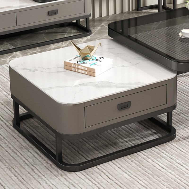 Modern Minimalist Square Rock Slab Glass Metal Combination Coffee Table ...