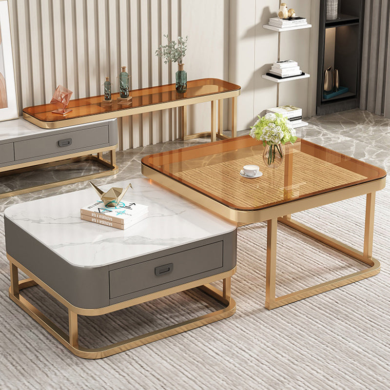Modern Minimalist Square Rock Slab Glass Metal Combination Coffee Table ...