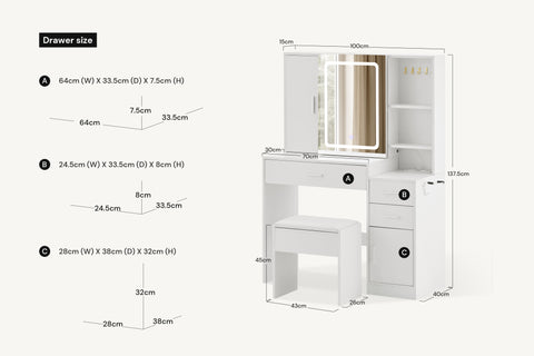 Daphne Dressing Table & Stool Set with dimension markings on white background