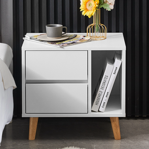 Modern White Wood Bedside Table With 2 Drawers and Open Side Storage Shelf